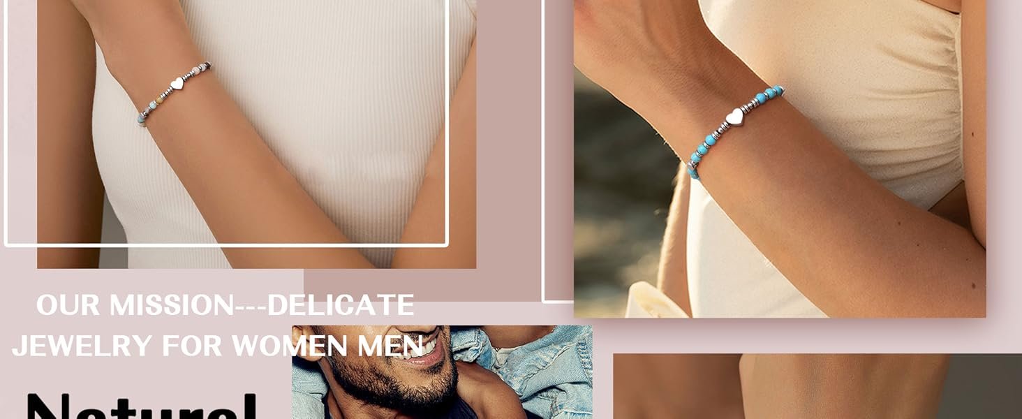 Bracelet perlé délicat avec alternance de perles blanches et bleues, porté au poignet d'une personne. Plusieurs vues montrent le bracelet sur différents tons de peau et différents arrière-plans de vêtements.