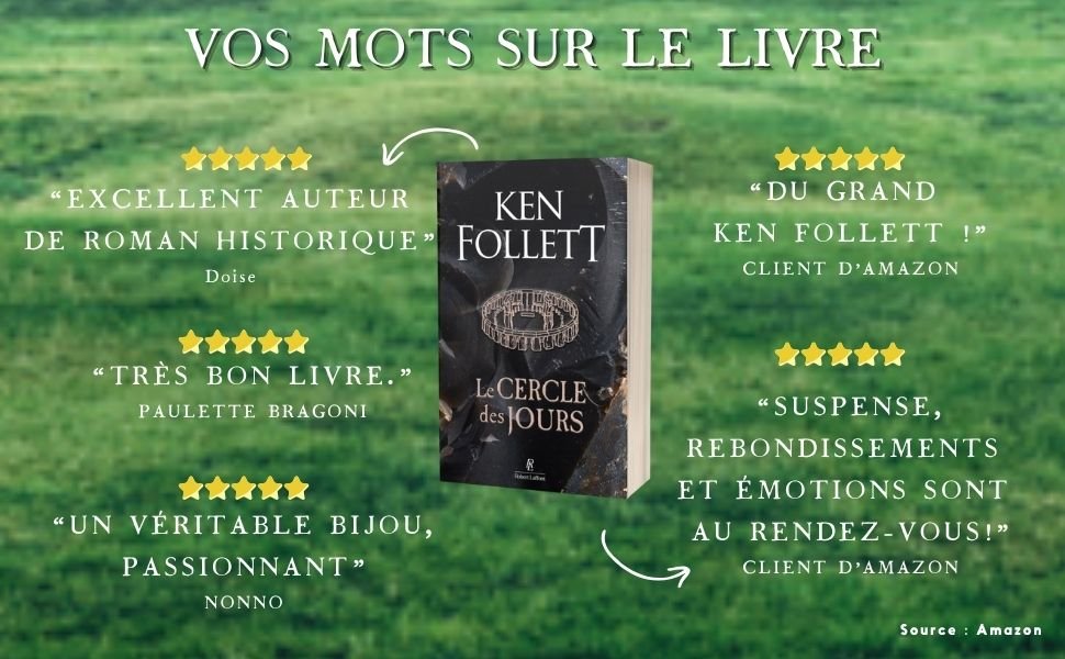 Image promotionnelle du livre avec des notes par étoiles et des citations de critiques sur fond vert. Comprend une couverture de livre foncée avec des éléments de texte argentés.