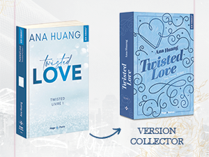 Le texte montre les couvertures des livres « ANA HUANG » avec la légende « VERSION COLLECTOR ». Deux couvertures de livres bleues sont exposées, l'une solide et l'autre à motif décoratif.