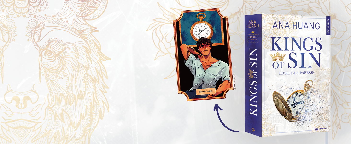 Le texte indique « Kings of Sin » et « Ana Huang ». Conception de couverture de livre montrant des dos de couverture rigide disposés dans un format de bannière promotionnelle.