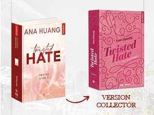 Plusieurs couvertures de livres disposées représentant « The Hate Collection » et d'autres couvertures roses dans une présentation promotionnelle.