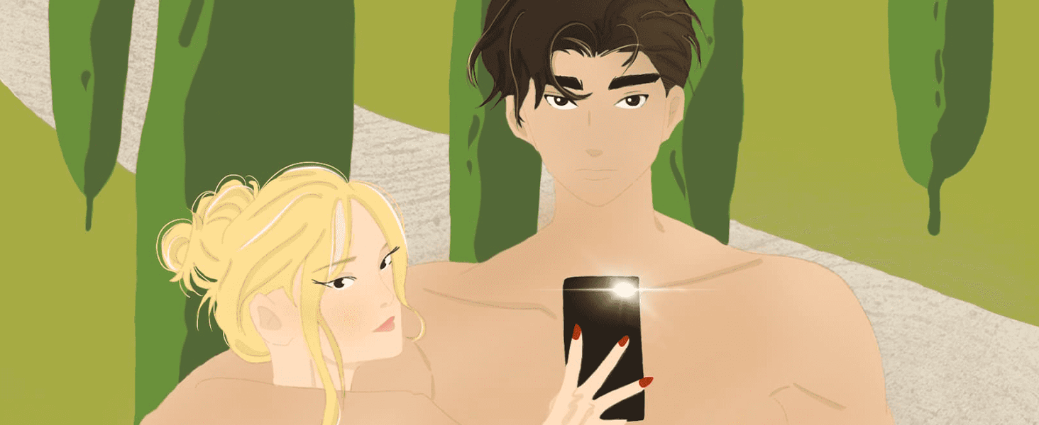 Scène illustrée de personnages de dessins animés stylisés sur fond vert, montrant quelqu'un tenant un téléphone portable.