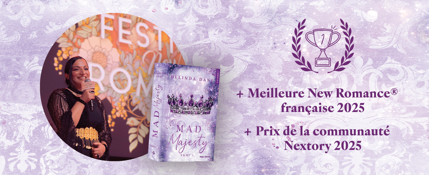 Le texte indique « Meilleure New Romance Nextory 2023 » et « Prix de la communauté ». Les motifs de couronnes de lauriers violets encadrent les graphismes de reconnaissance des récompenses.