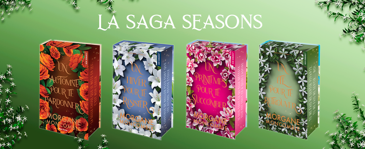 Le texte indique « LES SAISONS DE LA SAGA ». Affichage de tissus ou de produits textiles à motifs colorés disposés dans un style de présentation au détail sur fond vert.