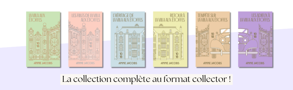 Le texte se lit comme suit : « La collection complète au format collector ! » Rangée de dos ou de couvertures de livres de différentes couleurs pastel disposés horizontalement, semblant faire partie d'une série de collection.