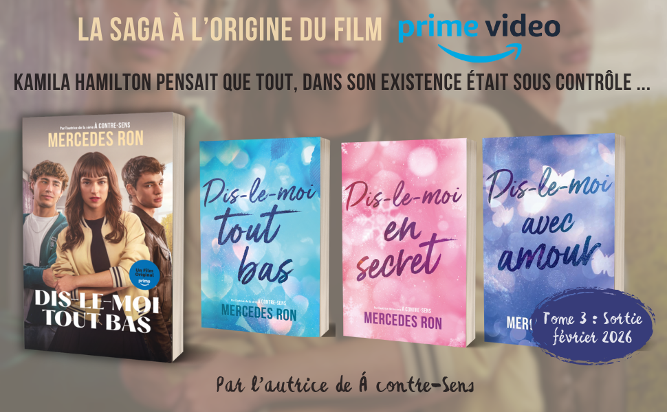 Le texte indique « LA SAGA À L'ORIGINE DU FILM », suivi de la marque Prime Video. Série de couvertures de livres ou de films aux motifs dégradés de bleu et de rose.