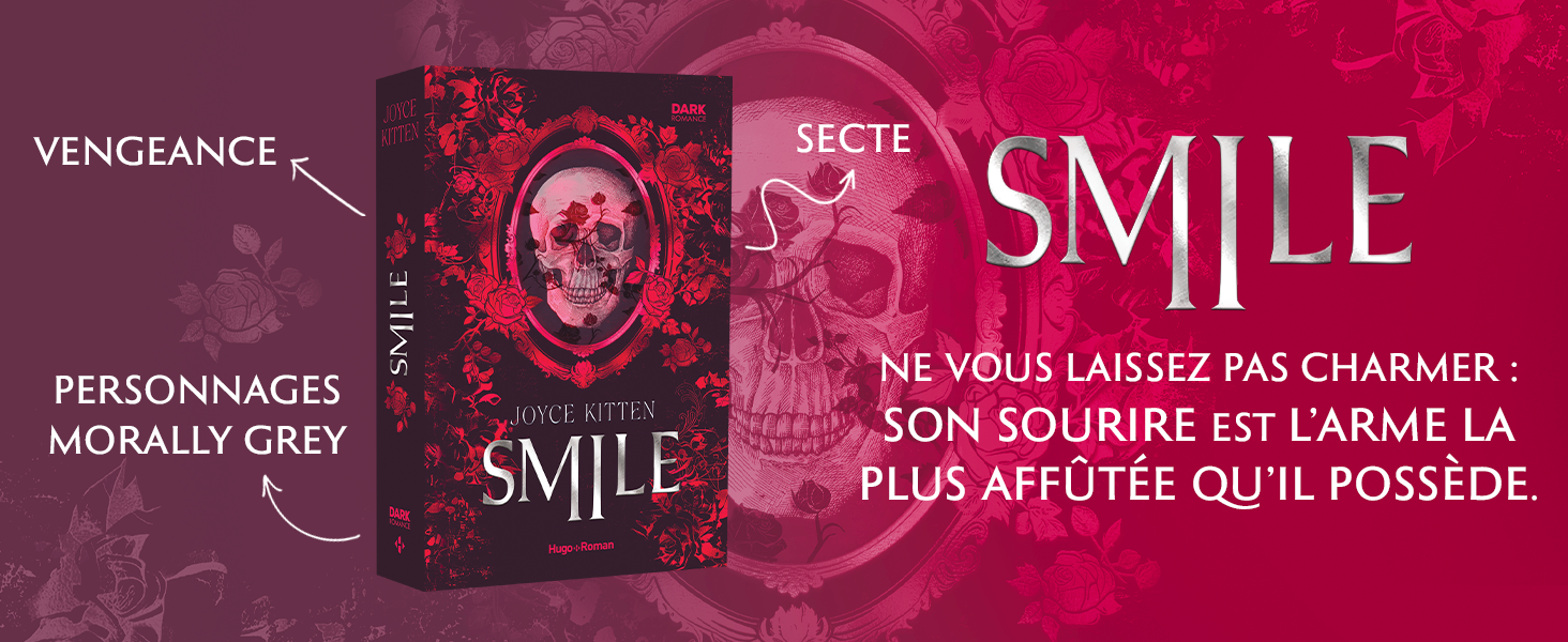 Le texte indique « SMILE » et « NE VOUS LAISSEZ PAS CHARMER ». SON SOURIRE EST L'ARME LA PLUS AFFUTÉE QU'IL POSSÈDE. » Design d'affiche de film dans des tons rouge foncé avec des éléments sur le thème de l'horreur.