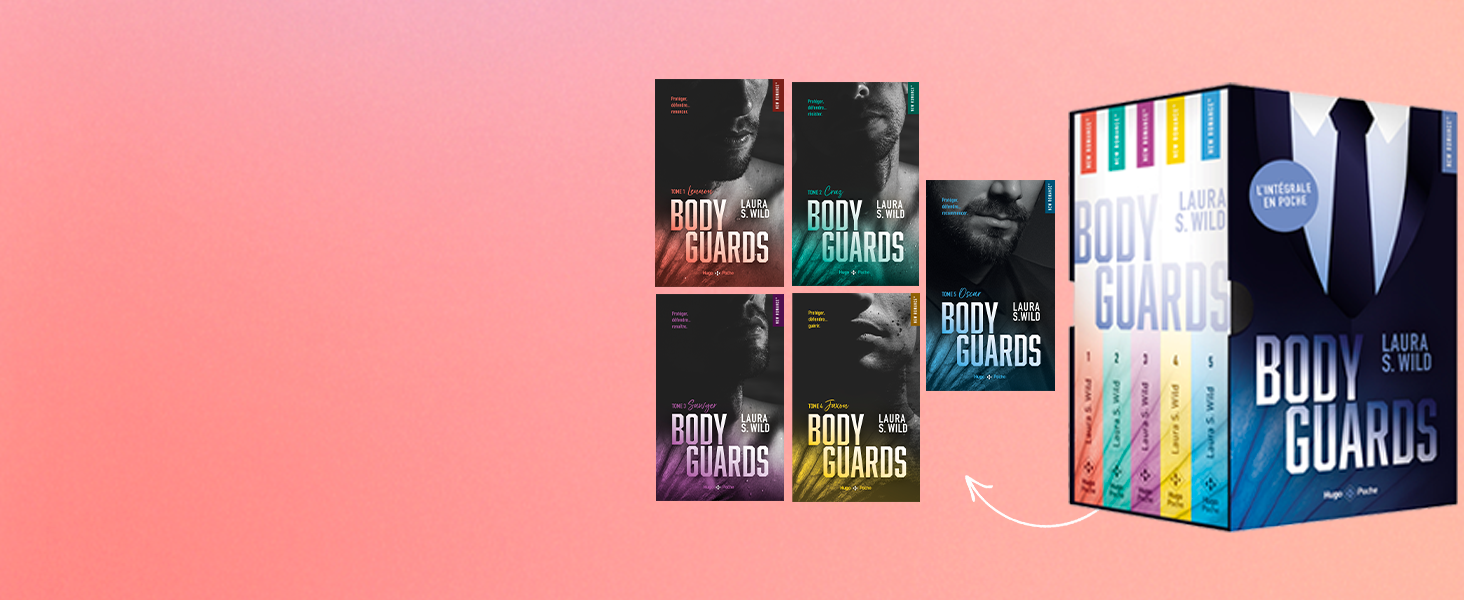 Collection de dos de livres disposés ensemble, montrant plusieurs volumes d'une série sur fond rose.