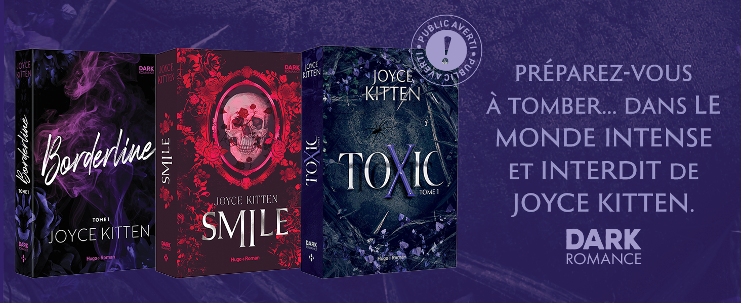 Le texte indique « SMILE » « DARK » avec des couvertures de livres décoratives sur le thème de l'horreur ou des bannières dans des tons violets et foncés avec un style gothique.