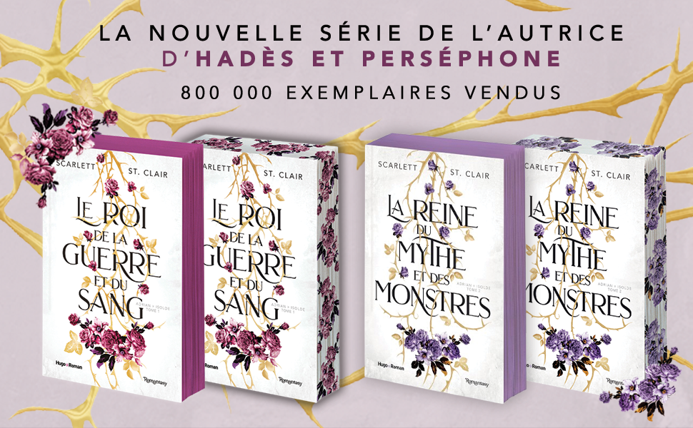 Le texte se lit comme suit : « LA NOUVELLE SÉRIE DE L'AUTEUR D'HADES ET PERSÉPHONE » et « 800 000 EXEMPLAIRES VENDUS ». Présentation de plusieurs couvertures de livres avec des motifs violets et floraux disposés en rangée.