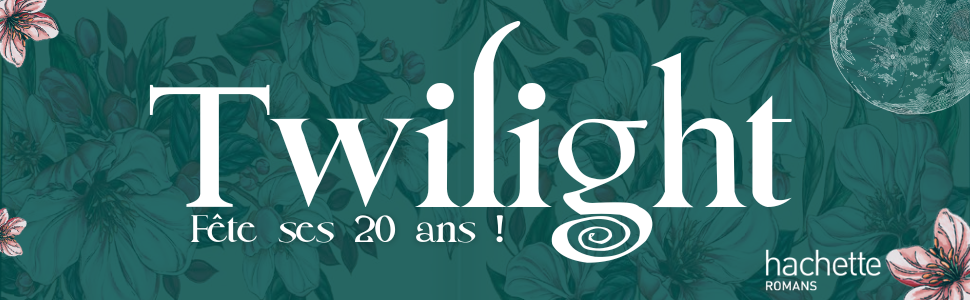Le texte indique « Twilight » avec le logo de l'éditeur « Hachette ». Couverture de livre ou de média avec des éléments de design mystiques sombres.