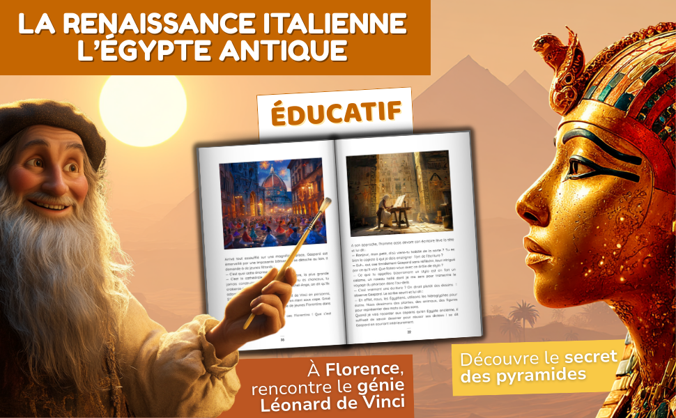 Le texte se lit comme suit : « LA RENAISSANCE ITALIENNE », « L'EGYPTE ANTIQUE » et « ÉDUCATIF ». Interface pédagogique présentant du contenu historique avec des illustrations et des panneaux de texte.