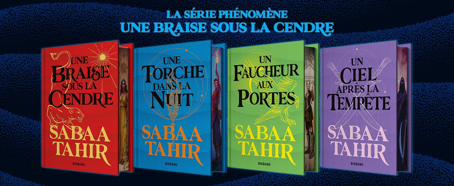 Série de quatre couvertures de romans fantastiques aux couleurs vives (rouge, bleu, bleu sarcelle et violet), disposées dans une rangée montrant la collection de livres.
