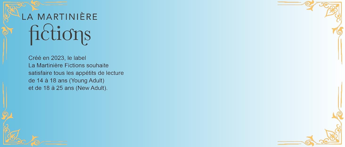 Le texte indique « LA MARTINIÈRE » et « fictions » avec du texte français supplémentaire dans des bordures décoratives dorées sur fond bleu clair.