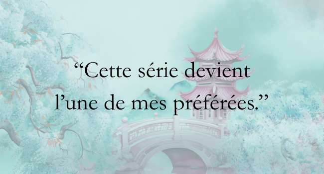 Le texte se lit comme suit : « Cette série devient l'une de mes préférées ». Bannière décorative avec fond turquoise clair et silhouette de château rose.