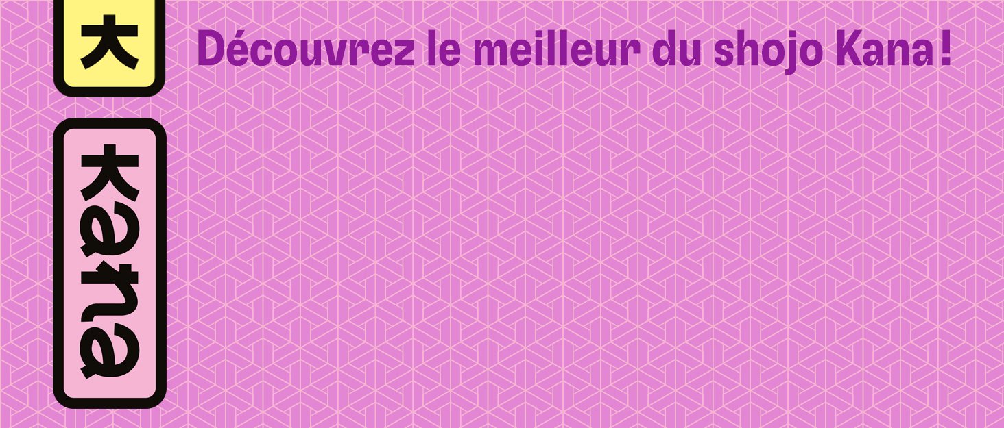 Le texte se lit comme suit : « Découvrez le meilleur du shojo kana ! » Bannière ou en-tête teinté de rose avec des éléments d'illustration de style manga ou anime.