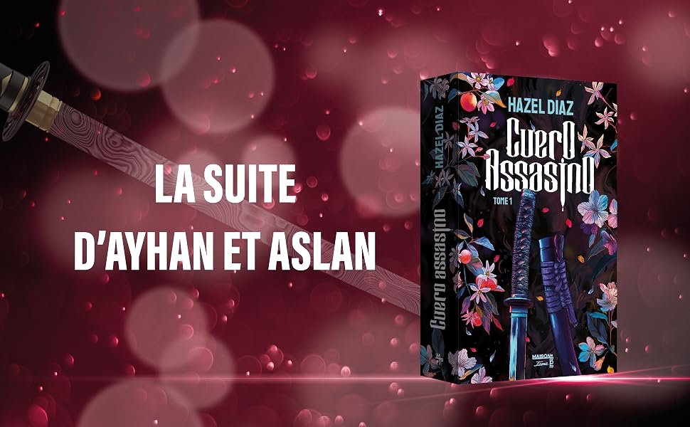 Le texte se lit comme suit : « LA SUITE D'AYHAN ET ASLAN ». Design de couverture de livre avec fond violet foncé avec des effets bokeh et une silhouette de bâtiment illuminée.