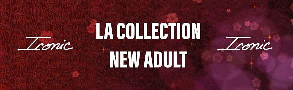 Le texte indique « LA COLLECTION », « NEW ADULT », « Iconic » sur fond cosmique violet foncé avec des effets lumineux.
