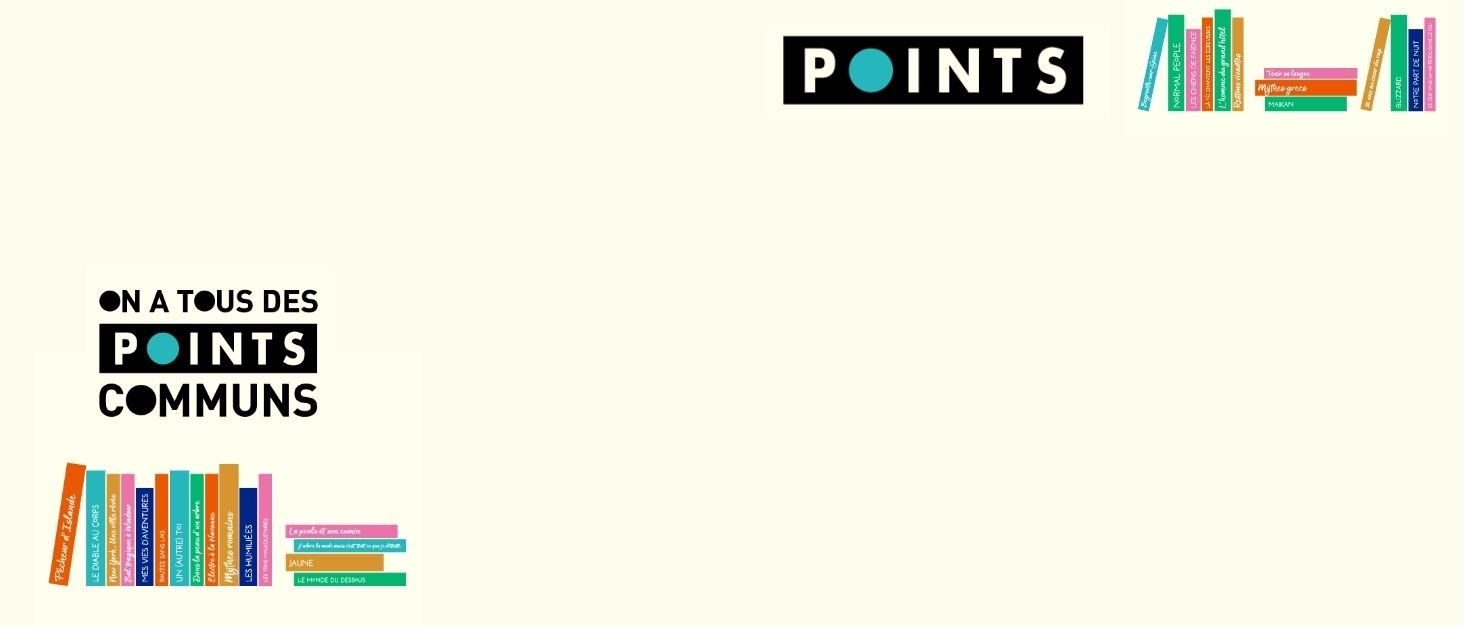 Le texte montre « POINTS » et « COMMUNS » avec des icônes de livres illustrées colorées disposées horizontalement selon un motif décoratif.